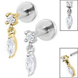 Titanium Internally Threaded Labrets 1.2mm - Steel Solitaire with Marquise Drop Gem