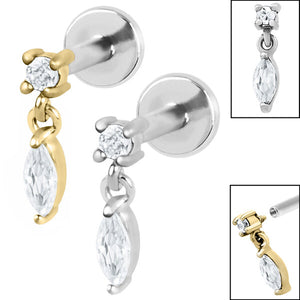 Titanium Internally Threaded Labrets 1.2mm - Steel Solitaire with Marquise Drop Gem