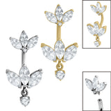 Belly Bar - Steel Internal Thread Claw Set 3 Jewelled Double Marquise Fan.