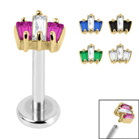 Titanium Internally Threaded Labrets 1.2mm -Gold Plated Steel Claw Set CZ 3 Jewelled Baguette Fan