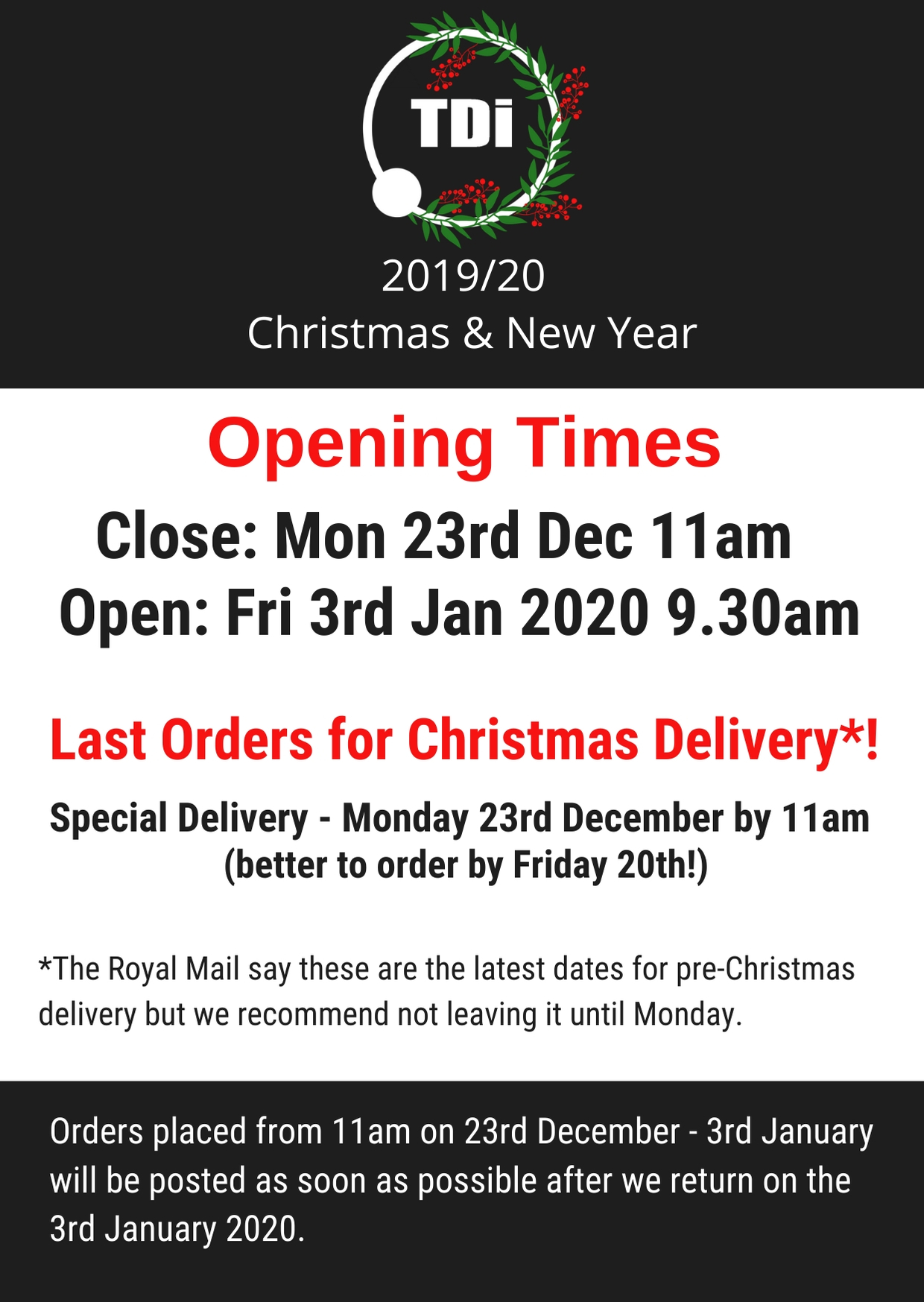 TDi Body Jewellery 2019 Christmas opening times